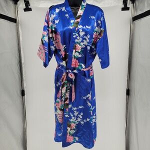 Tian Bao Gong Blue Peacock Floral Satin Kimono Robe Womens XL Loungewear Midi